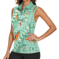 Green Palaka Hawaiian And Japanese Women Sleeveless Polo Shirt Sakura Lei With Koi Fish - Polynesian Pride