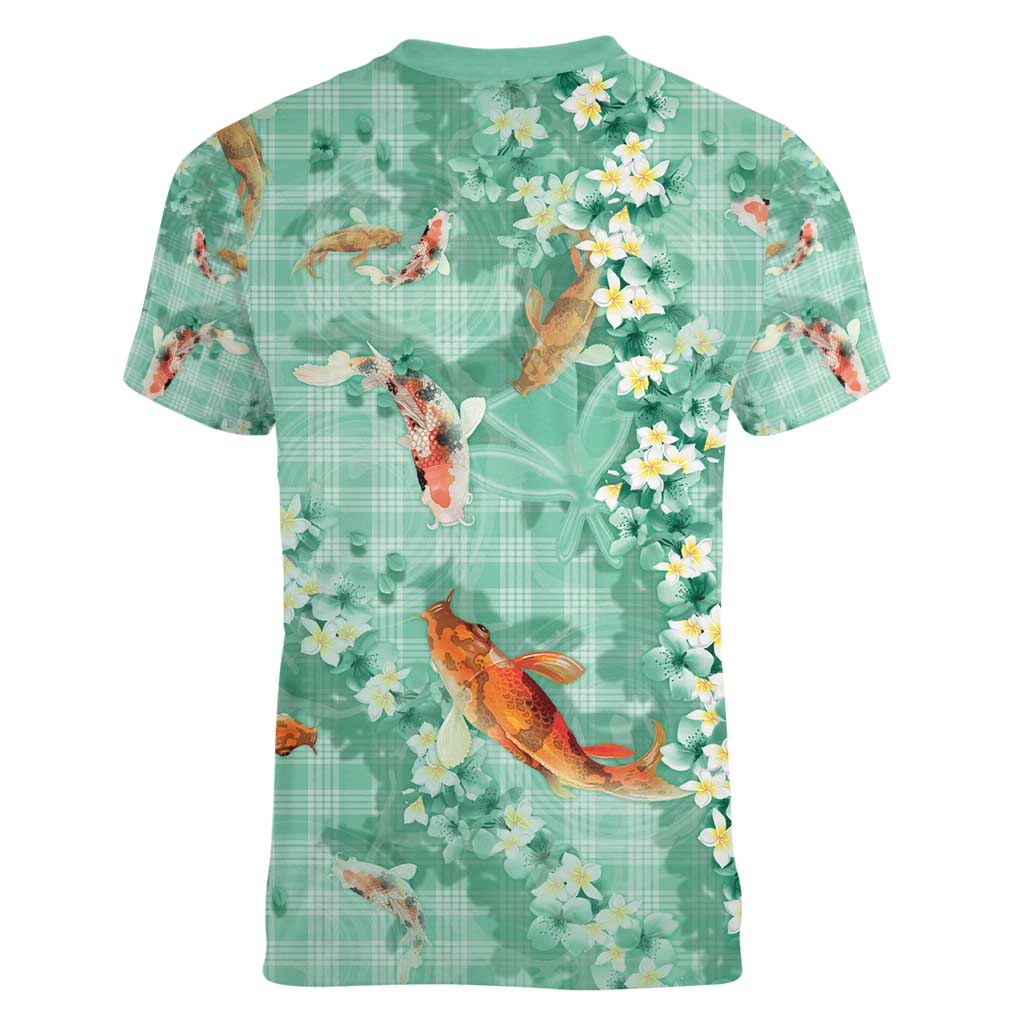 Green Palaka Hawaiian And Japanese Women V-Neck T-Shirt Sakura Lei With Koi Fish - Polynesian Pride