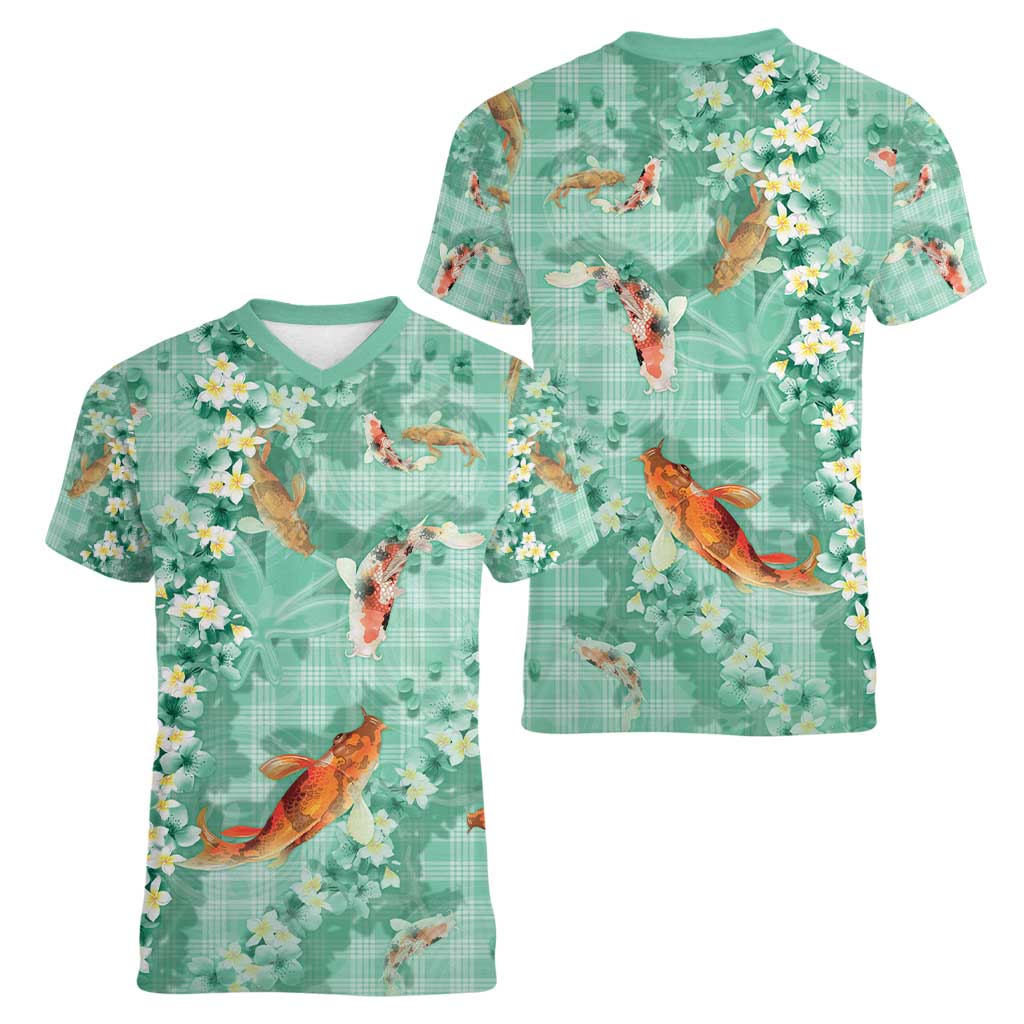 Green Palaka Hawaiian And Japanese Women V-Neck T-Shirt Sakura Lei With Koi Fish - Polynesian Pride