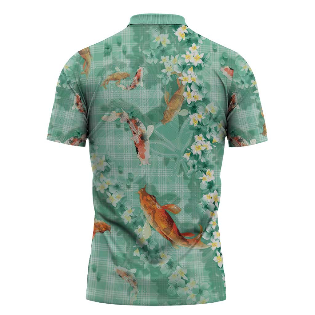 Green Palaka Hawaiian And Japanese Zipper Polo Shirt Sakura Lei With Koi Fish - Polynesian Pride