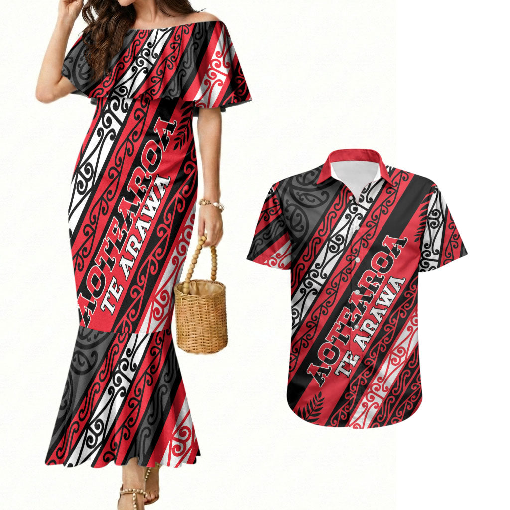 Personalised Aotearoa Te Arawa Couples Matching Mermaid Dress and Hawaiian Shirt New Zealand Maori Tribal Fern Pattern DT05 Red - Polynesian Pride
