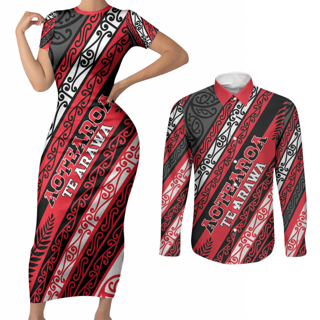 Personalised Aotearoa Te Arawa Couples Matching Short Sleeve Bodycon Dress and Long Sleeve Button Shirt New Zealand Maori Tribal Fern Pattern