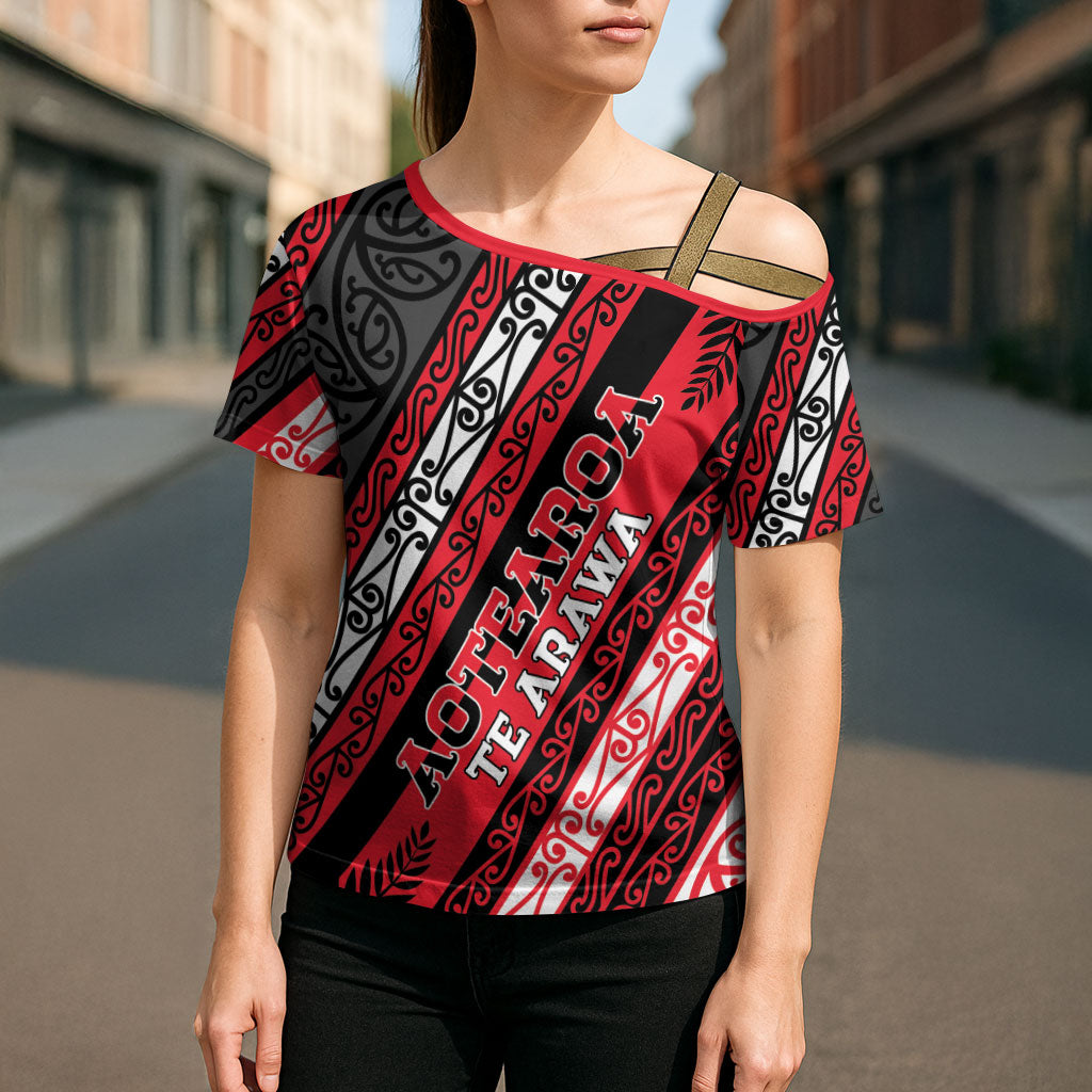Personalised Aotearoa Te Arawa Cross Shoulder Shirt New Zealand Maori Tribal Fern Pattern