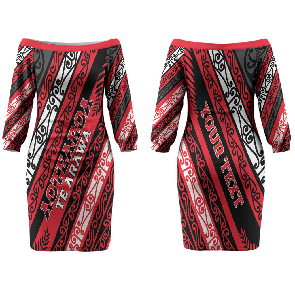 Personalised Aotearoa Te Arawa Family Matching Off The Shoulder Long Sleeve Dress and Hawaiian Shirt New Zealand Maori Tribal Fern Pattern