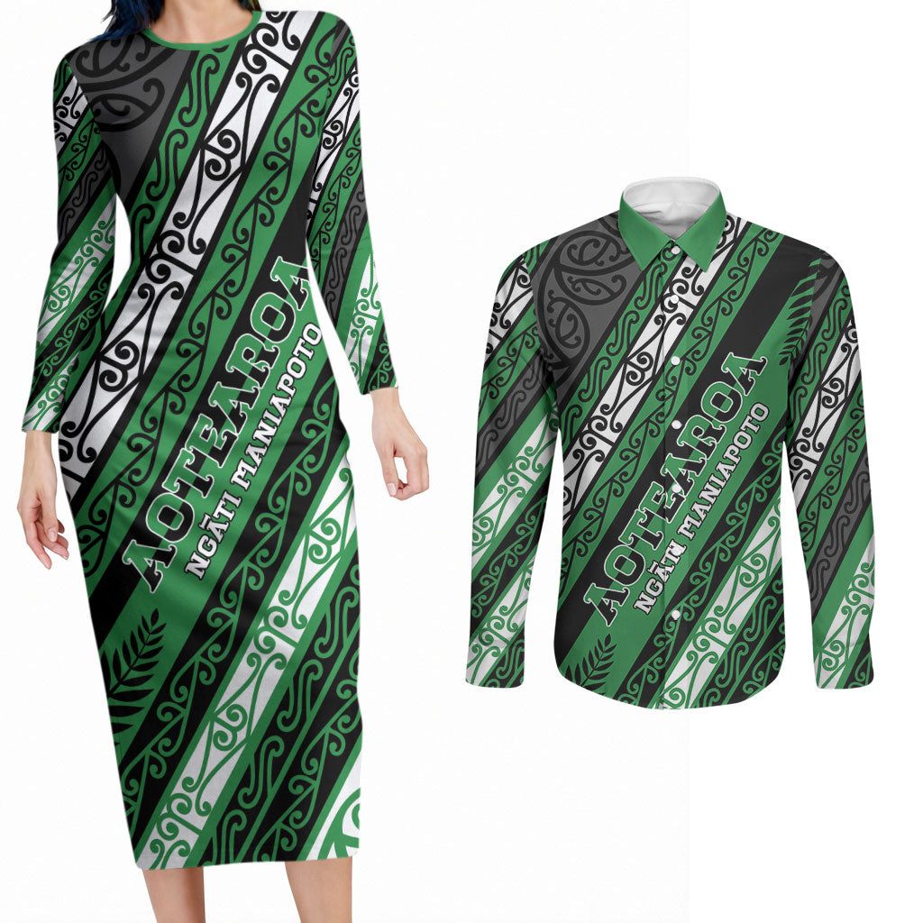 Personalised Aotearoa Ngati Maniapoto Couples Matching Long Sleeve Bodycon Dress and Long Sleeve Button Shirt New Zealand Maori Tribal Fern Pattern DT05 Green - Polynesian Pride