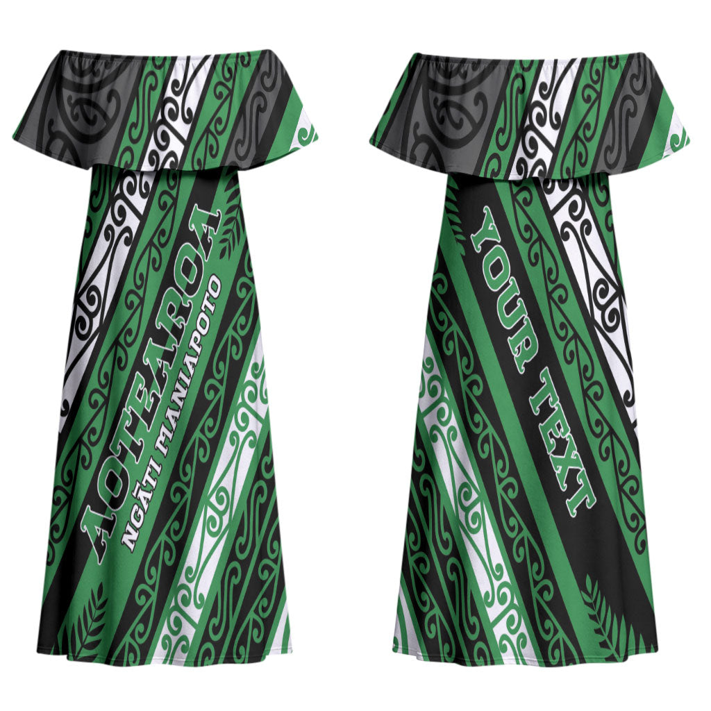 Personalised Aotearoa Ngati Maniapoto Couples Matching Off Shoulder Maxi Dress and Hawaiian Shirt New Zealand Maori Tribal Fern Pattern