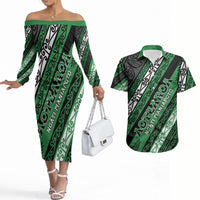 Personalised Aotearoa Ngati Maniapoto Couples Matching Off The Shoulder Long Sleeve Dress and Hawaiian Shirt New Zealand Maori Tribal Fern Pattern