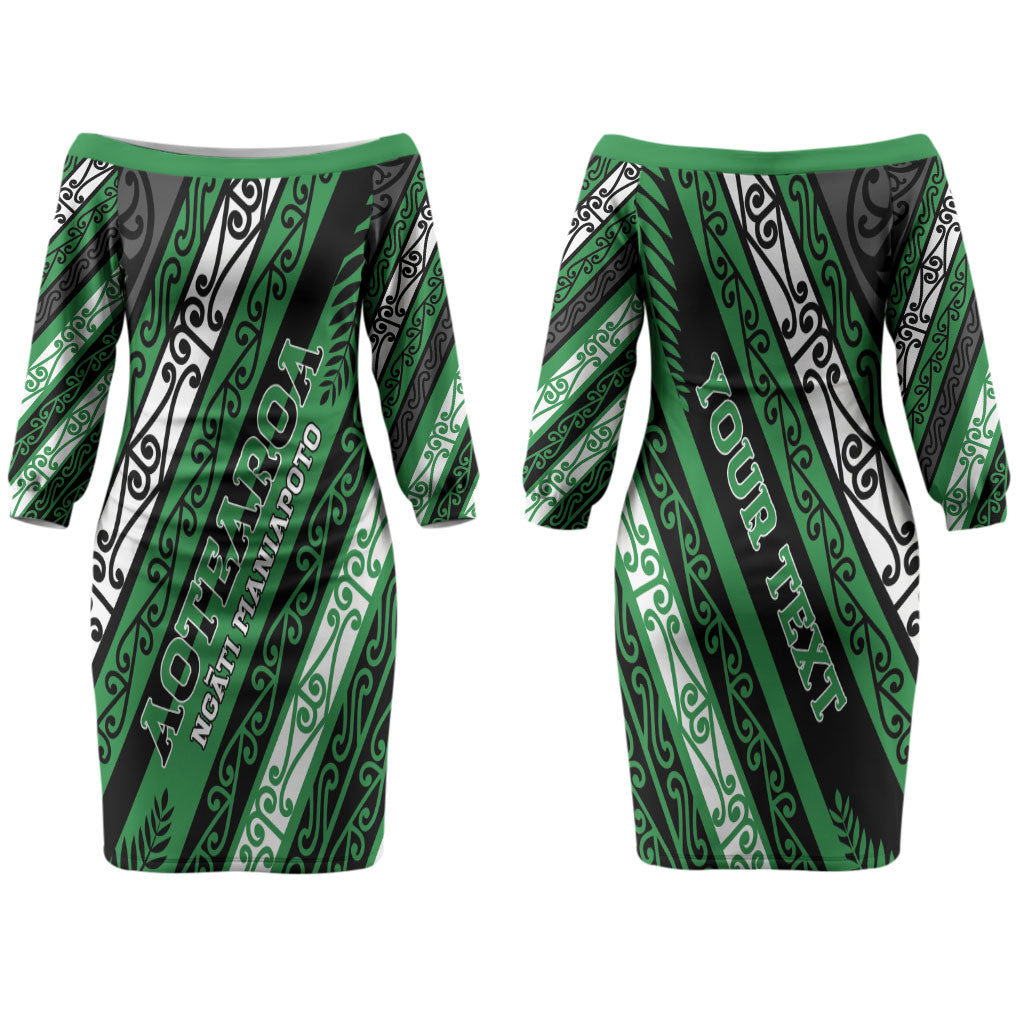 Personalised Aotearoa Ngati Maniapoto Couples Matching Off The Shoulder Long Sleeve Dress and Hawaiian Shirt New Zealand Maori Tribal Fern Pattern