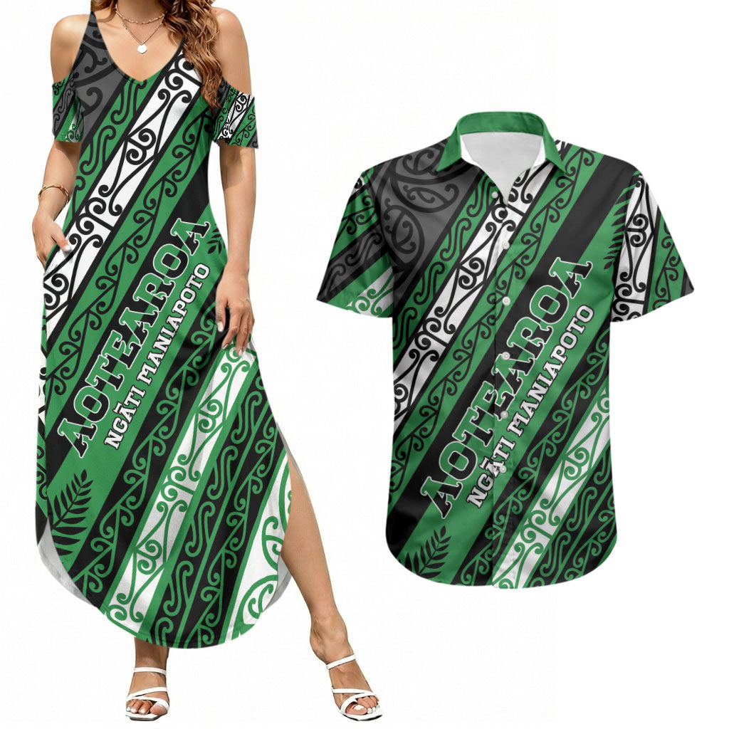 Personalised Aotearoa Ngati Maniapoto Couples Matching Summer Maxi Dress and Hawaiian Shirt New Zealand Maori Tribal Fern Pattern DT05 Green - Polynesian Pride