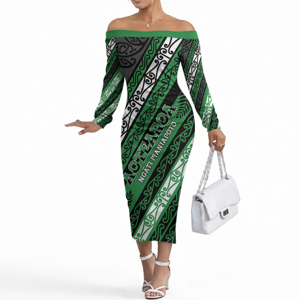 Personalised Aotearoa Ngati Maniapoto Off The Shoulder Long Sleeve Dress New Zealand Maori Tribal Fern Pattern