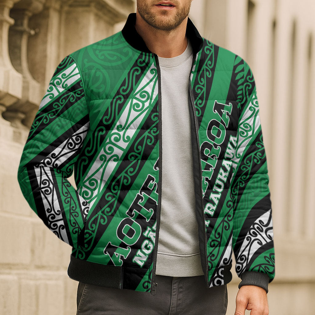 Personalised Aotearoa Ngati Raukawa Bomber Puffer Jacket New Zealand Maori Tribal Fern Pattern