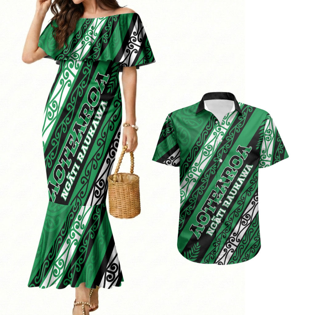 Personalised Aotearoa Ngati Raukawa Couples Matching Mermaid Dress and Hawaiian Shirt New Zealand Maori Tribal Fern Pattern DT05 Green - Polynesian Pride