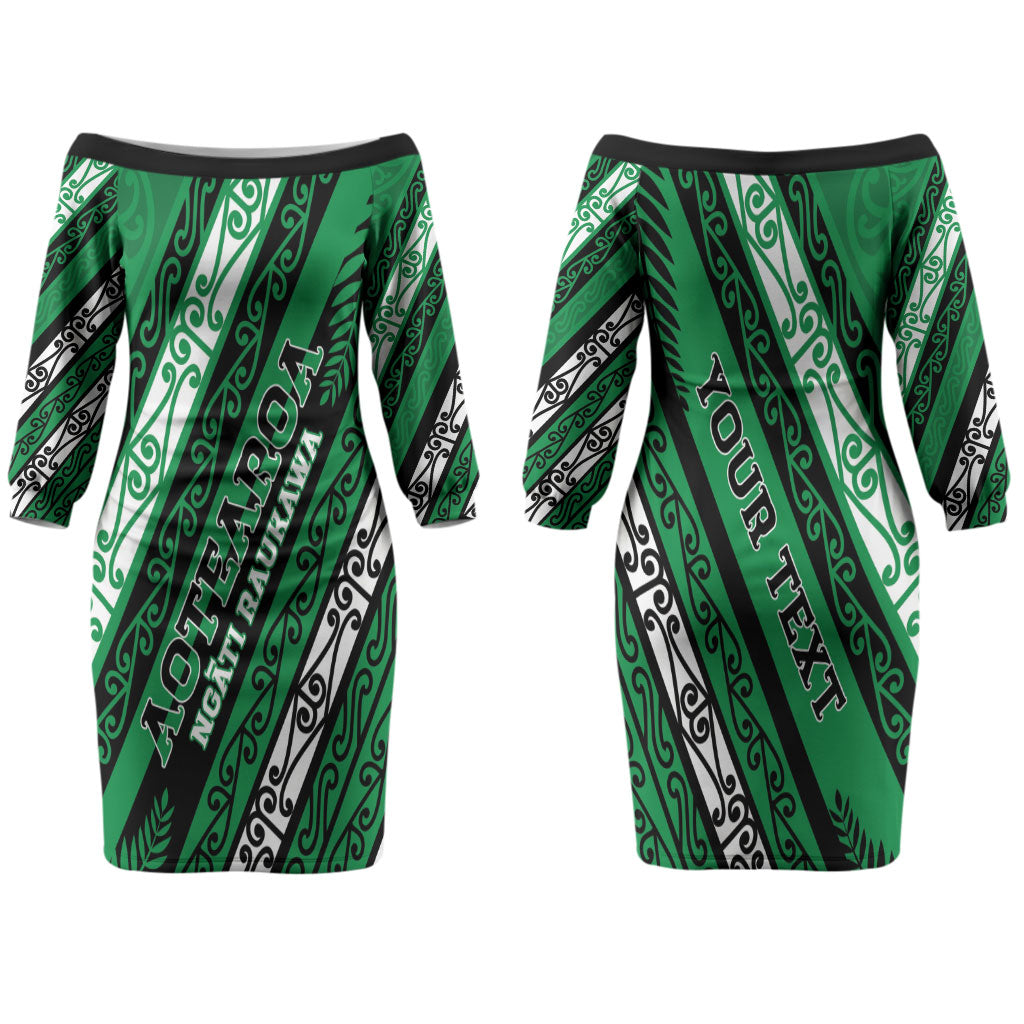 Personalised Aotearoa Ngati Raukawa Couples Matching Off The Shoulder Long Sleeve Dress and Hawaiian Shirt New Zealand Maori Tribal Fern Pattern