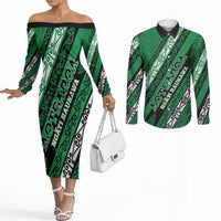 Personalised Aotearoa Ngati Raukawa Couples Matching Off The Shoulder Long Sleeve Dress and Long Sleeve Button Shirt New Zealand Maori Tribal Fern Pattern
