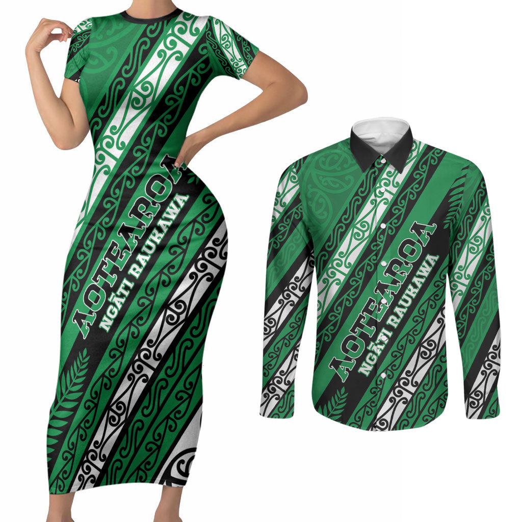 Personalised Aotearoa Ngati Raukawa Couples Matching Short Sleeve Bodycon Dress and Long Sleeve Button Shirt New Zealand Maori Tribal Fern Pattern DT05 Green - Polynesian Pride