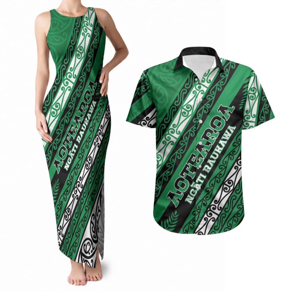 Personalised Aotearoa Ngati Raukawa Couples Matching Tank Maxi Dress and Hawaiian Shirt New Zealand Maori Tribal Fern Pattern DT05 Green - Polynesian Pride