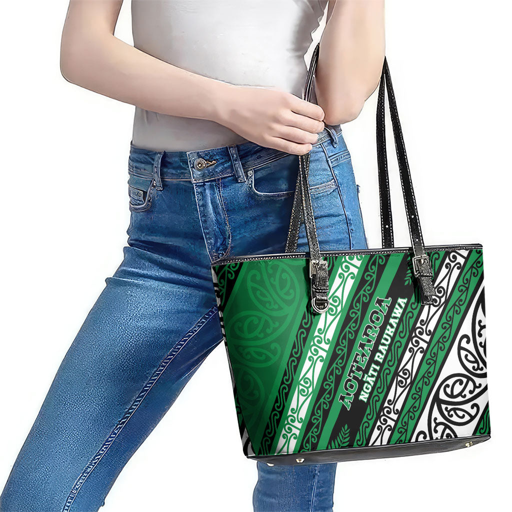 Aotearoa Ngati Raukawa Leather Tote Bag New Zealand Maori Tribal Fern Pattern