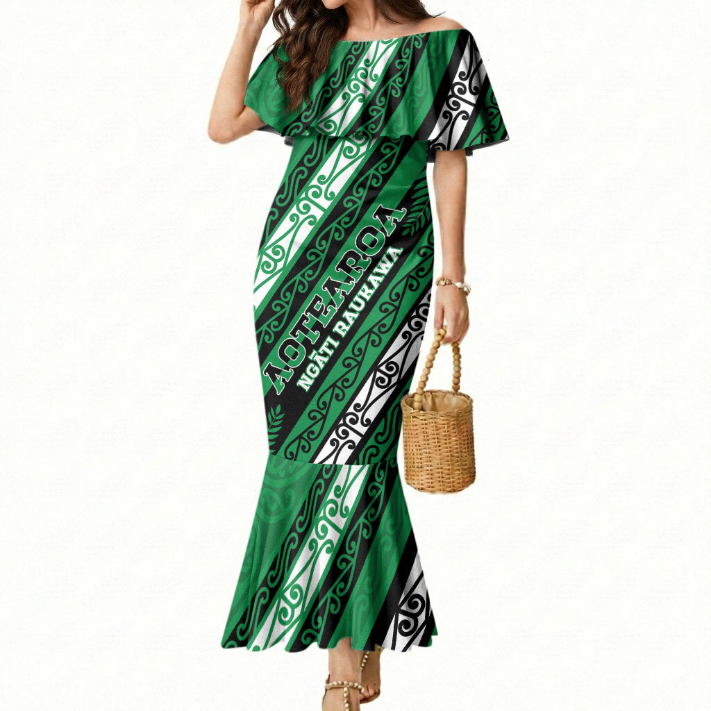 Personalised Aotearoa Ngati Raukawa Mermaid Dress New Zealand Maori Tribal Fern Pattern