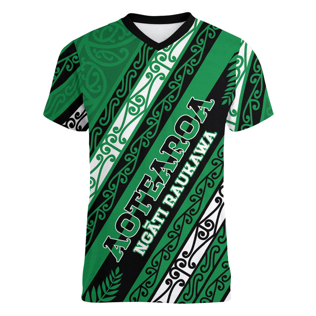 Personalised Aotearoa Ngati Raukawa Women V-Neck T-Shirt New Zealand Maori Tribal Fern Pattern