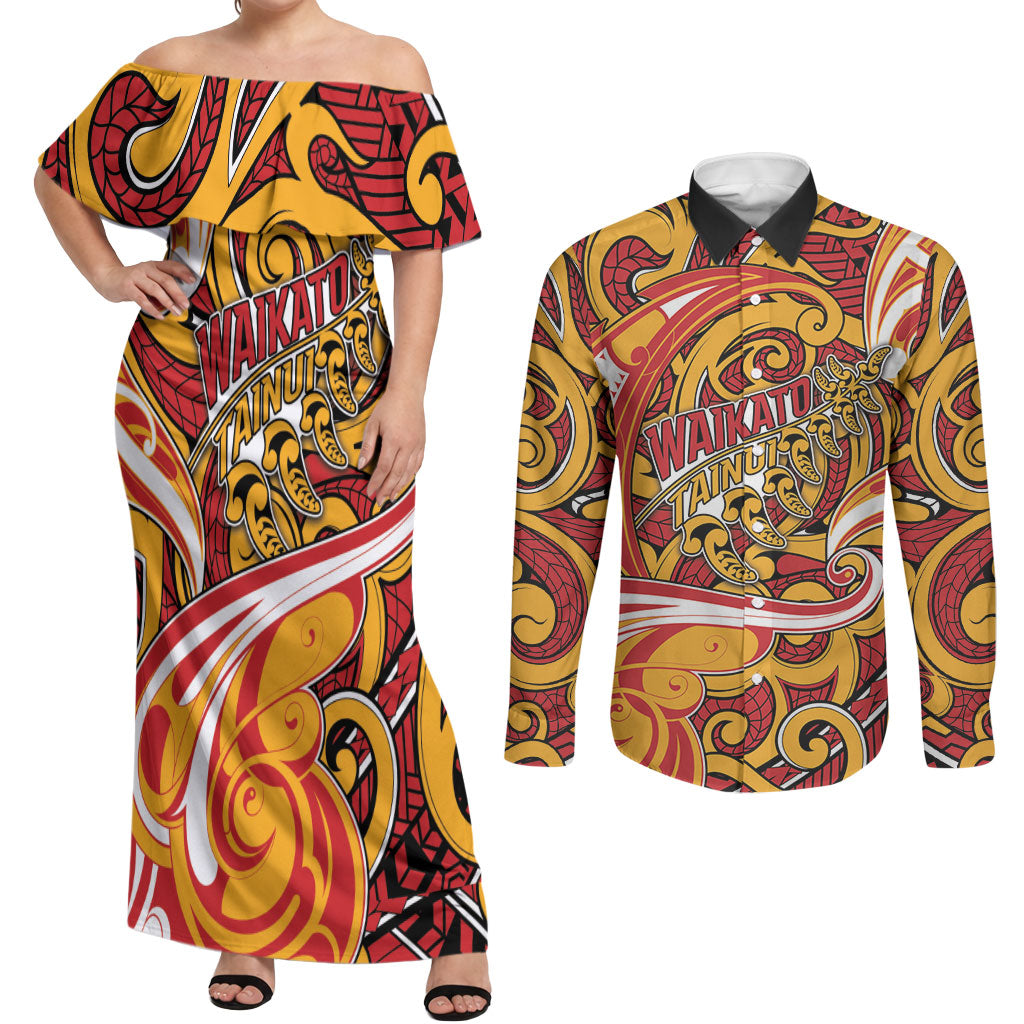 Custom Aotearoa Waikato Tainui Couples Matching Off Shoulder Maxi Dress and Long Sleeve Button Shirt Maori Tribal Pattern Koru Motif DT05 Yellow - Polynesian Pride