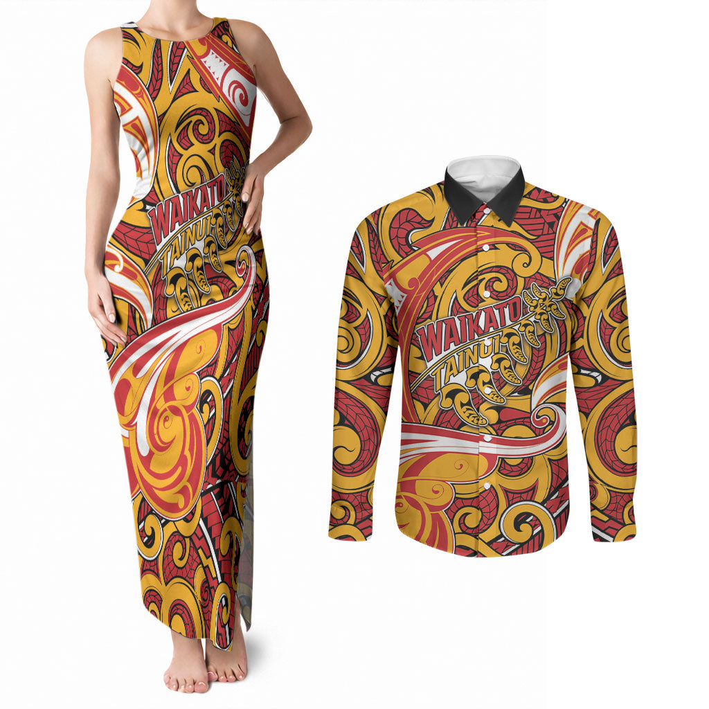 Custom Aotearoa Waikato Tainui Couples Matching Tank Maxi Dress and Long Sleeve Button Shirt Maori Tribal Pattern Koru Motif DT05 Yellow - Polynesian Pride