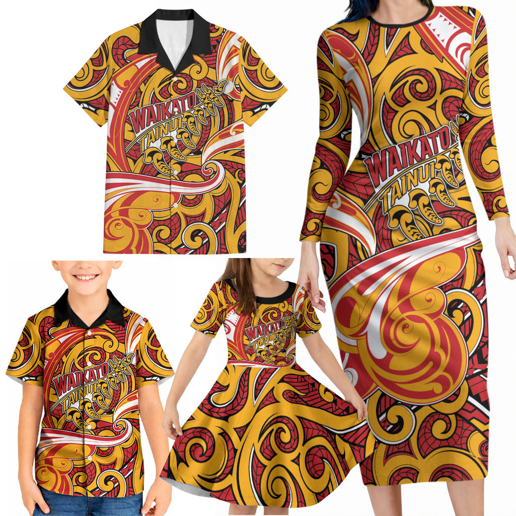 Custom Aotearoa Waikato Tainui Family Matching Long Sleeve Bodycon Dress and Hawaiian Shirt Maori Tribal Pattern Koru Motif DT05 - Polynesian Pride