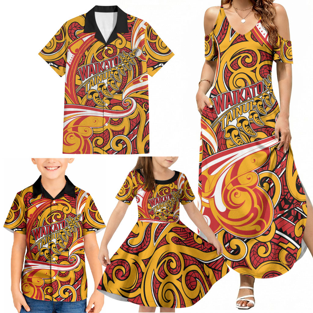 Custom Aotearoa Waikato Tainui Family Matching Summer Maxi Dress and Hawaiian Shirt Maori Tribal Pattern Koru Motif