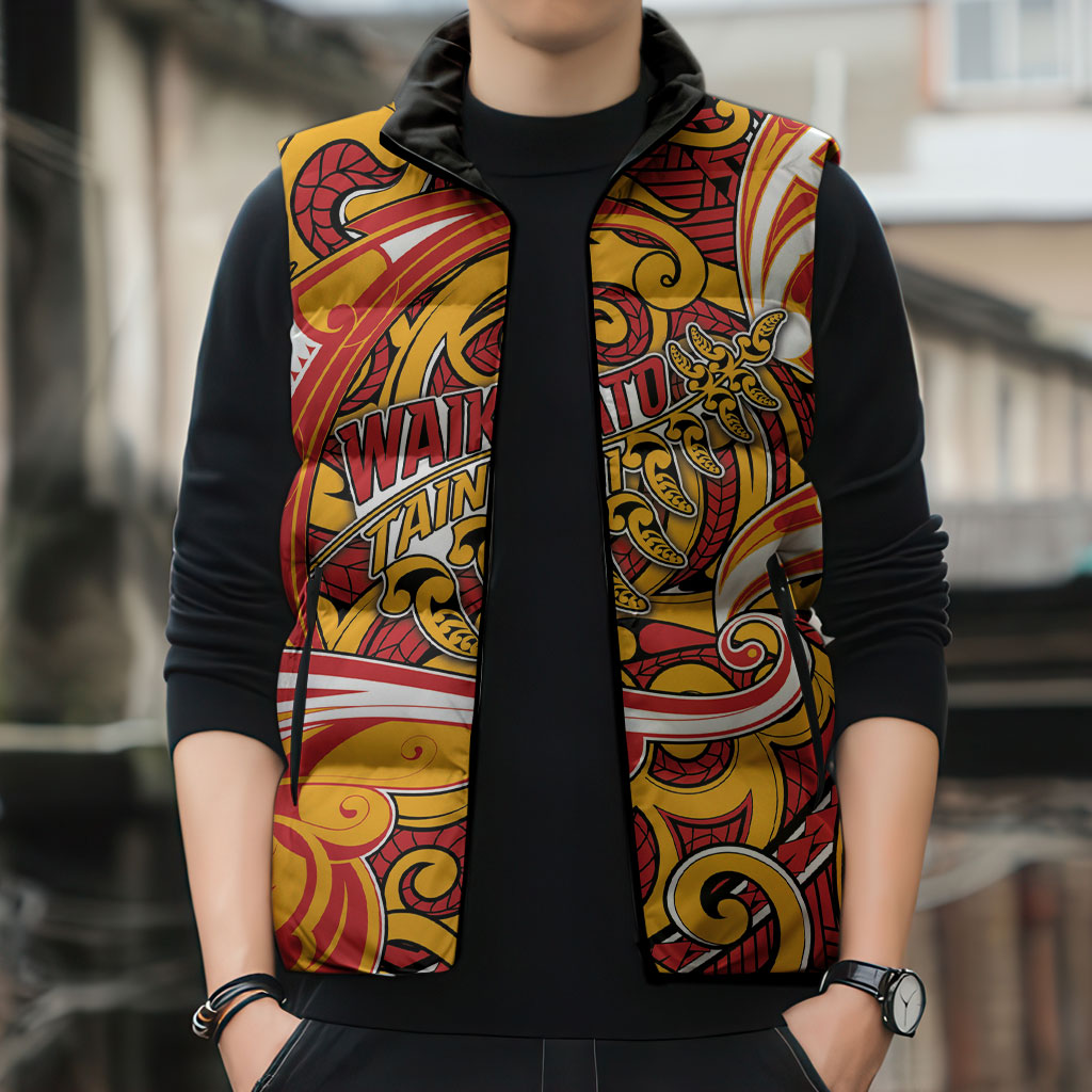 Custom Aotearoa Waikato Tainui Sleeveless Puffer Jacket Maori Tribal Pattern Koru Motif