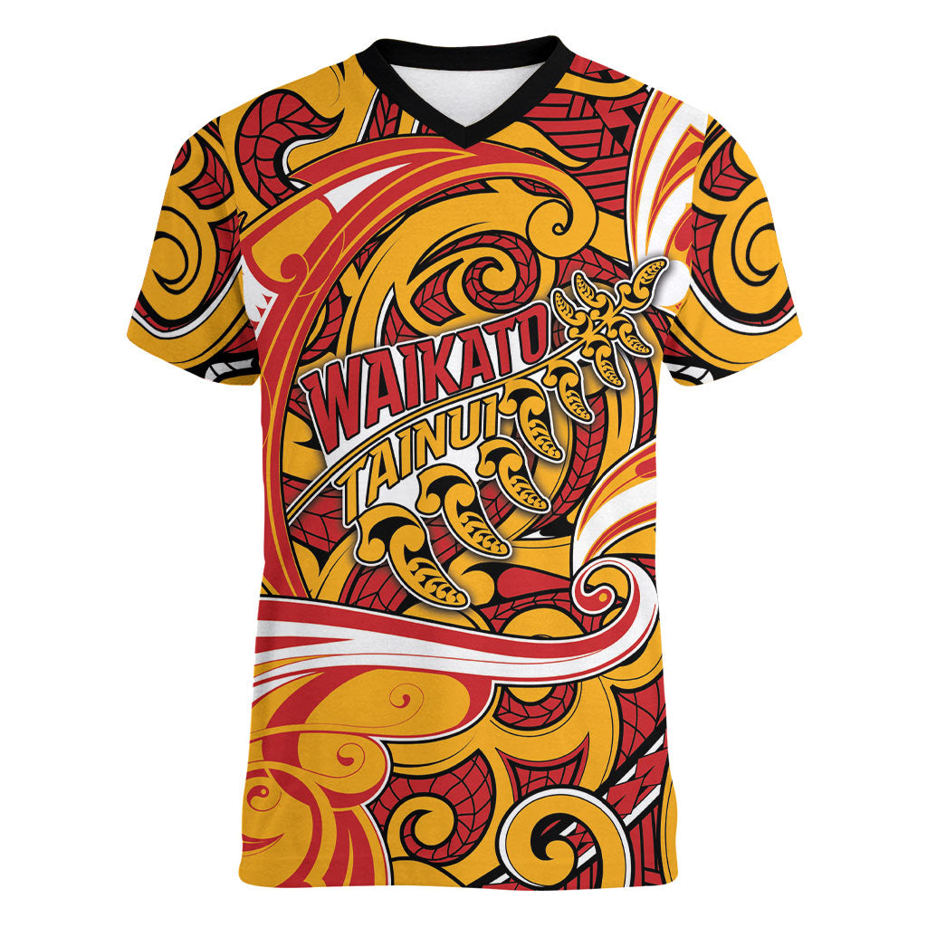 Custom Aotearoa Waikato Tainui Women V-Neck T-Shirt Maori Tribal Pattern Koru Motif DT05 Female Yellow - Polynesian Pride