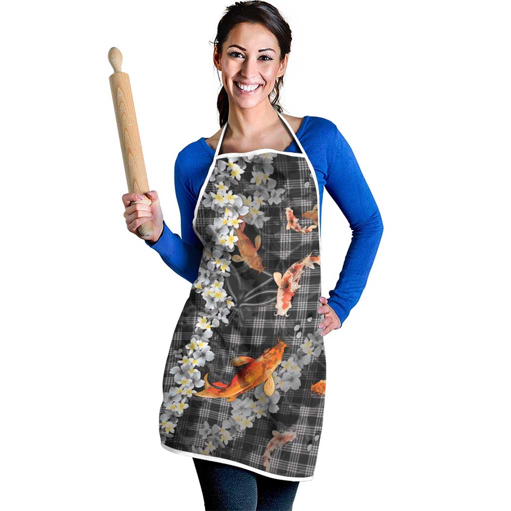 Black Palaka Hawaiian And Japanese Apron Sakura Lei With Koi Fish - Polynesian Pride
