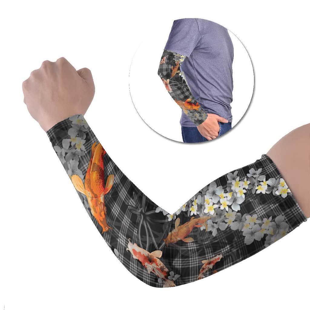 Black Palaka Hawaiian And Japanese Arm Sleeves Sakura Lei With Koi Fish - Polynesian Pride