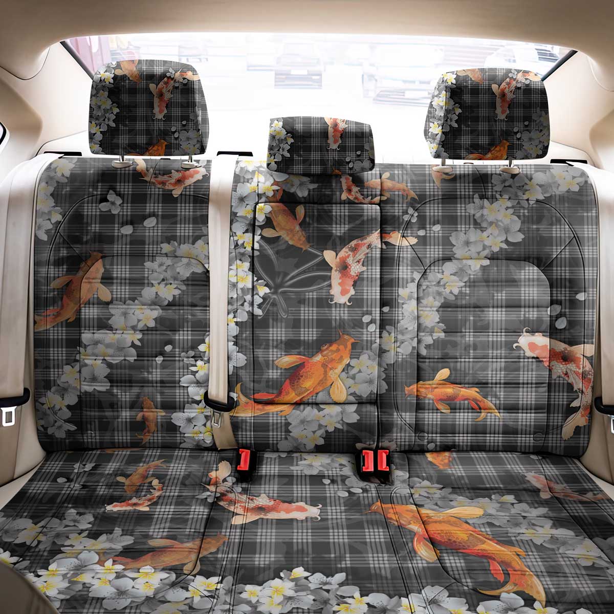 Black Palaka Hawaiian And Japanese Back Car Seat Cover Sakura Lei With Koi Fish - Polynesian Pride