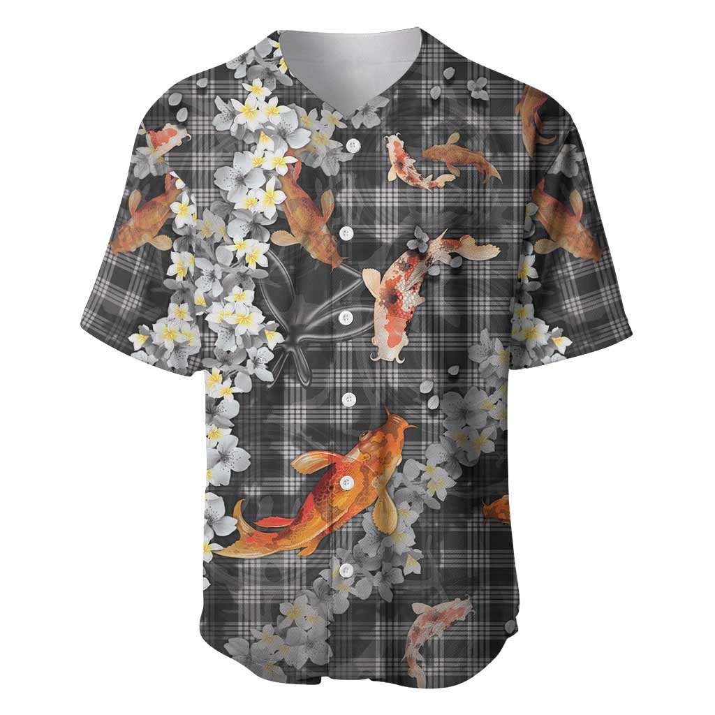 Black Palaka Hawaiian And Japanese Baseball Jersey Sakura Lei With Koi Fish DT05 Black - Polynesian Pride