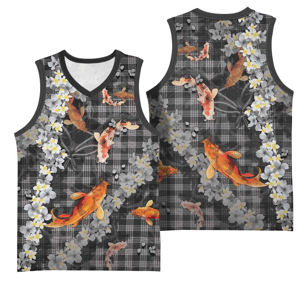 Black Palaka Hawaiian And Japanese Basketball Jersey Sakura Lei With Koi Fish - Polynesian Pride