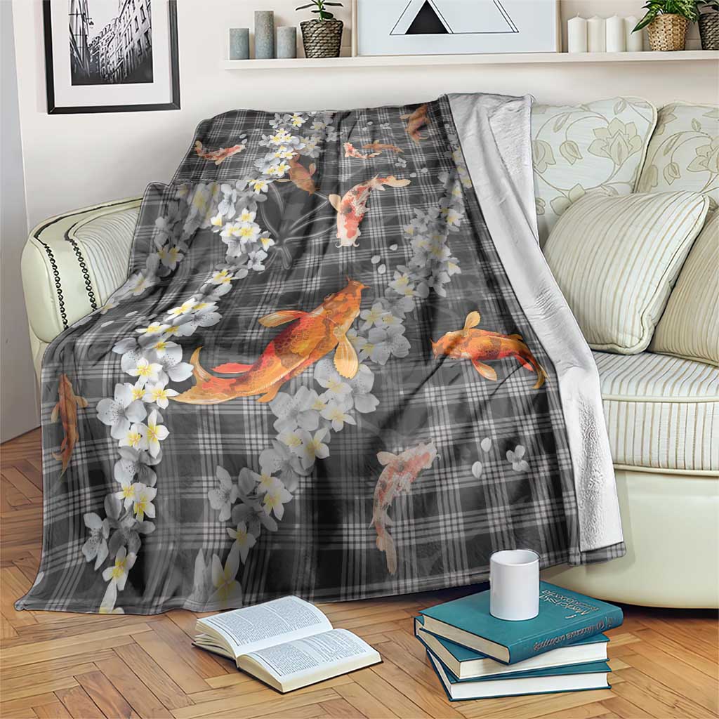 Black Palaka Hawaiian And Japanese Blanket Sakura Lei With Koi Fish - Polynesian Pride