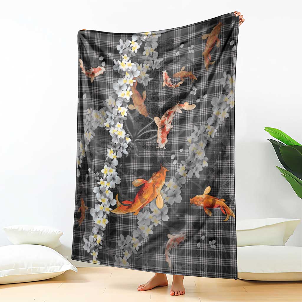 Black Palaka Hawaiian And Japanese Blanket Sakura Lei With Koi Fish - Polynesian Pride