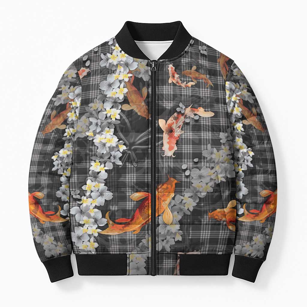 Black Palaka Hawaiian And Japanese Bomber Puffer Jacket Sakura Lei With Koi Fish - Polynesian Pride