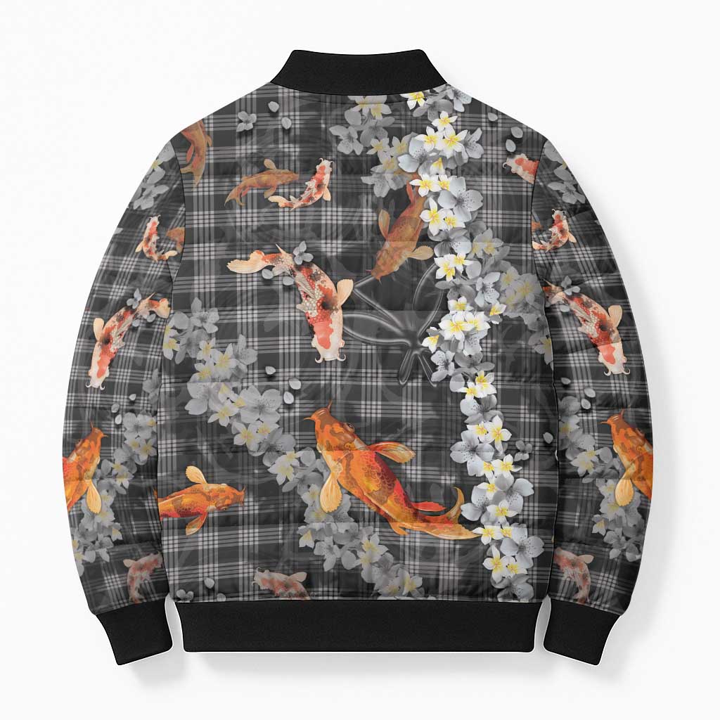 Black Palaka Hawaiian And Japanese Bomber Puffer Jacket Sakura Lei With Koi Fish - Polynesian Pride