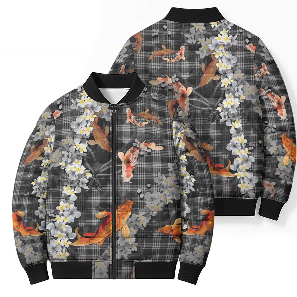Black Palaka Hawaiian And Japanese Bomber Puffer Jacket Sakura Lei With Koi Fish - Polynesian Pride