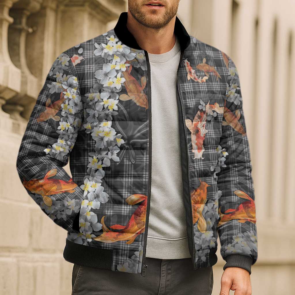 Black Palaka Hawaiian And Japanese Bomber Puffer Jacket Sakura Lei With Koi Fish - Polynesian Pride