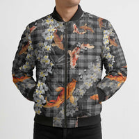 Black Palaka Hawaiian And Japanese Bomber Puffer Jacket Sakura Lei With Koi Fish - Polynesian Pride
