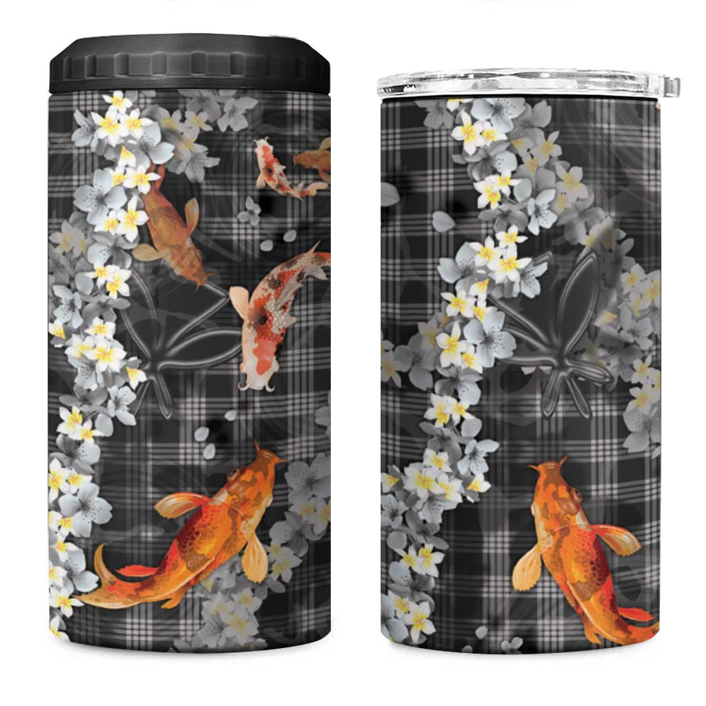 Black Palaka Hawaiian And Japanese 4 in 1 Can Cooler Tumbler Sakura Lei With Koi Fish - Polynesian Pride