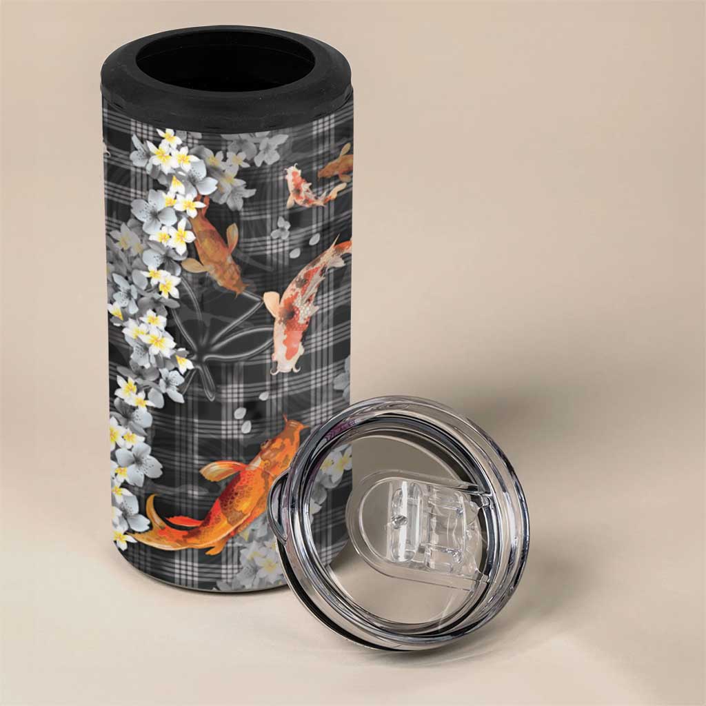 Black Palaka Hawaiian And Japanese 4 in 1 Can Cooler Tumbler Sakura Lei With Koi Fish - Polynesian Pride