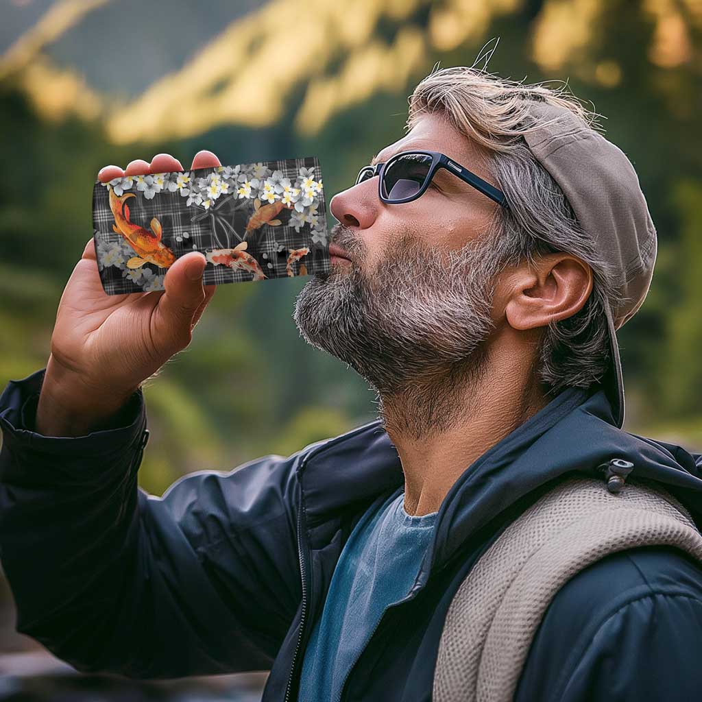 Black Palaka Hawaiian And Japanese 4 in 1 Can Cooler Tumbler Sakura Lei With Koi Fish - Polynesian Pride