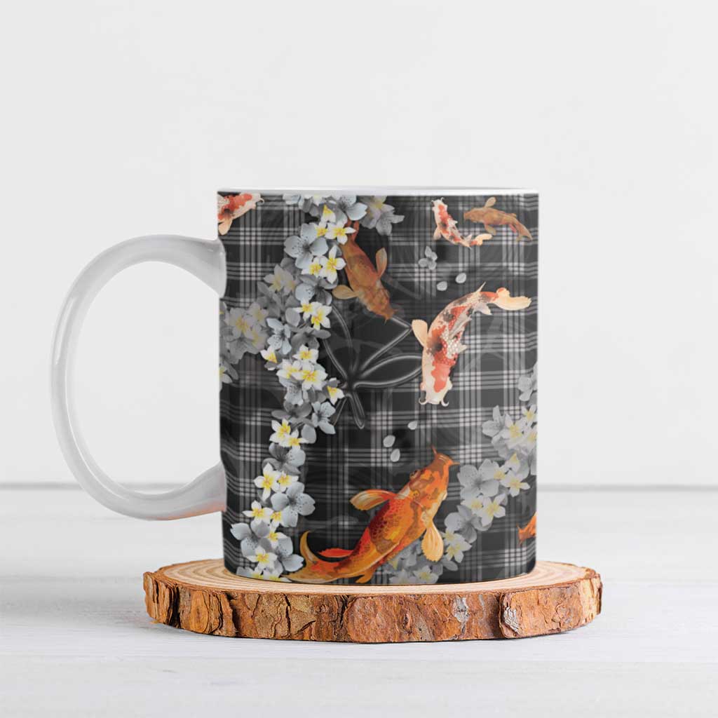 Black Palaka Hawaiian And Japanese Ceramic Mug Sakura Lei With Koi Fish - Polynesian Pride