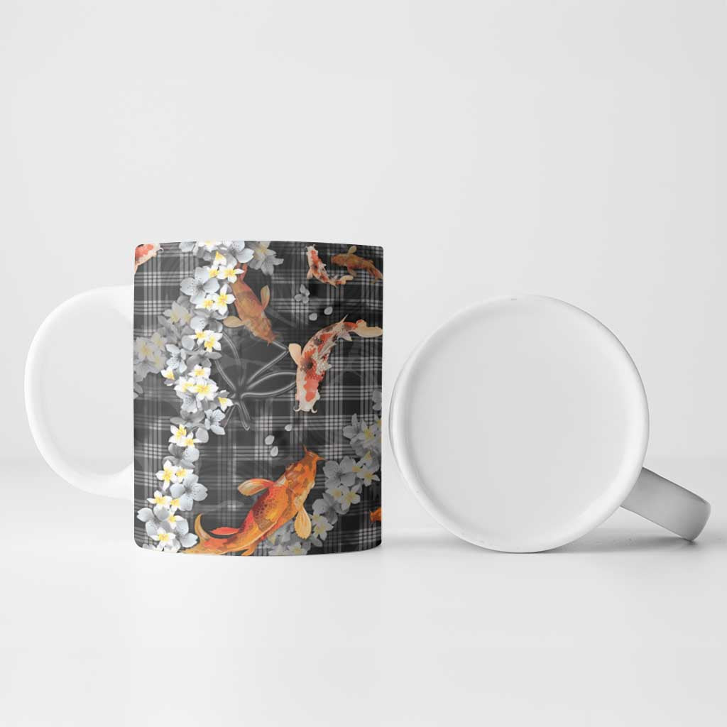Black Palaka Hawaiian And Japanese Ceramic Mug Sakura Lei With Koi Fish - Polynesian Pride