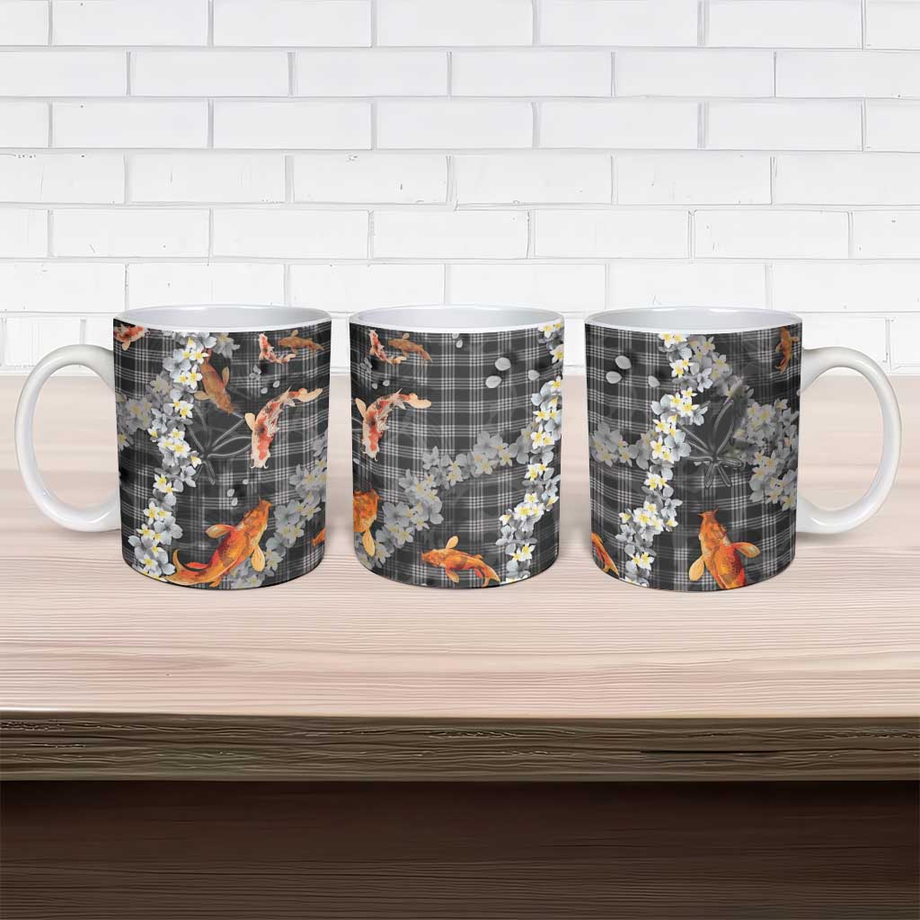 Black Palaka Hawaiian And Japanese Ceramic Mug Sakura Lei With Koi Fish - Polynesian Pride