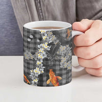 Black Palaka Hawaiian And Japanese Ceramic Mug Sakura Lei With Koi Fish - Polynesian Pride