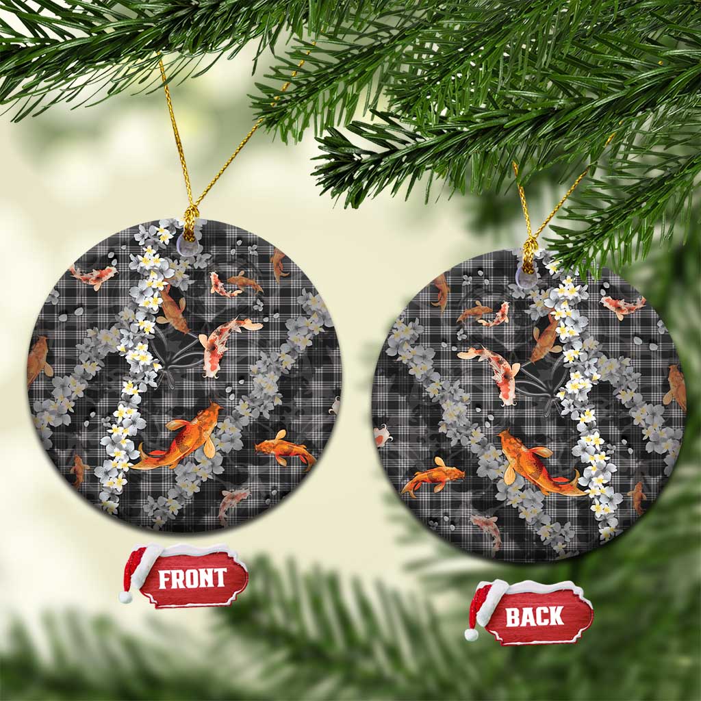 Black Palaka Hawaiian And Japanese Ceramic Ornament Sakura Lei With Koi Fish - Polynesian Pride
