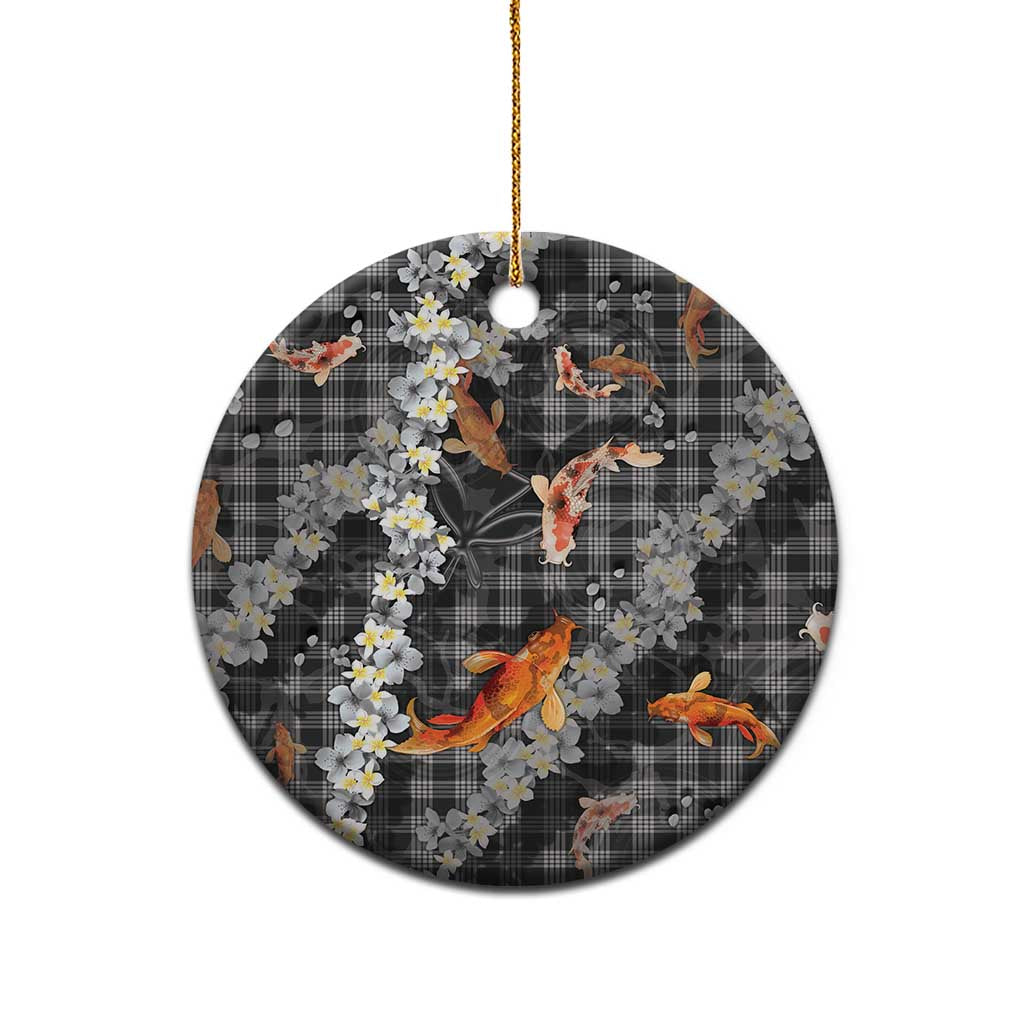 Black Palaka Hawaiian And Japanese Ceramic Ornament Sakura Lei With Koi Fish - Polynesian Pride